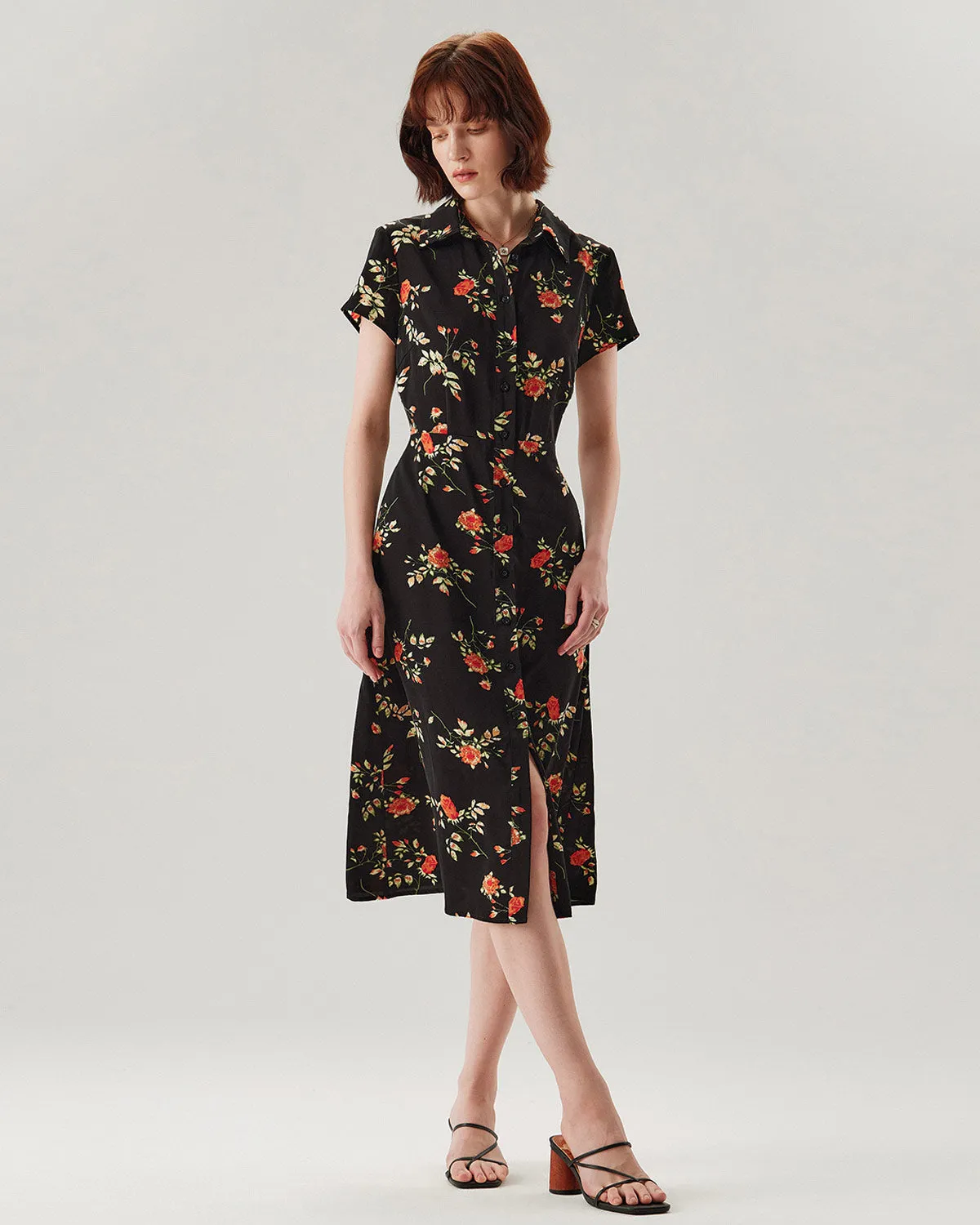 Black Floral Button A-Line Midi Dress sold by rihoas