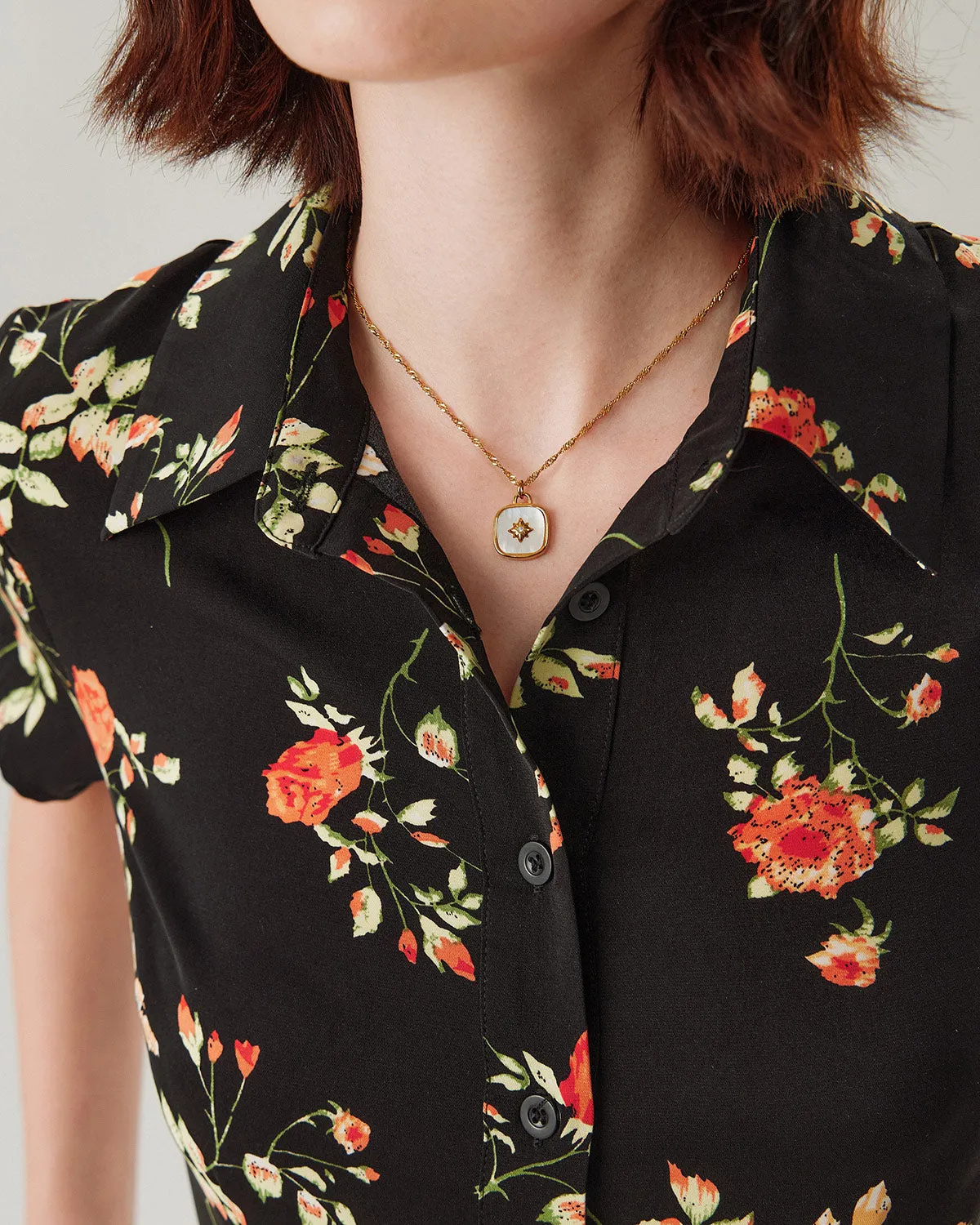 Black Floral Button A-Line Midi Dress sold by rihoas product image thumbnail 3