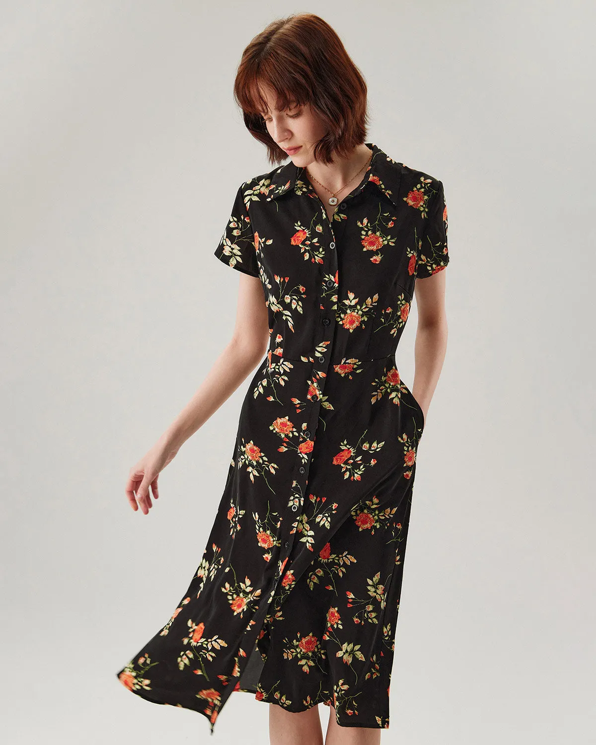Black Floral Button A-Line Midi Dress sold by rihoas product image thumbnail 2
