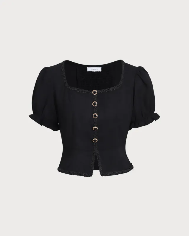 Black Square Neck Shirred Button Blouse sold by rihoas