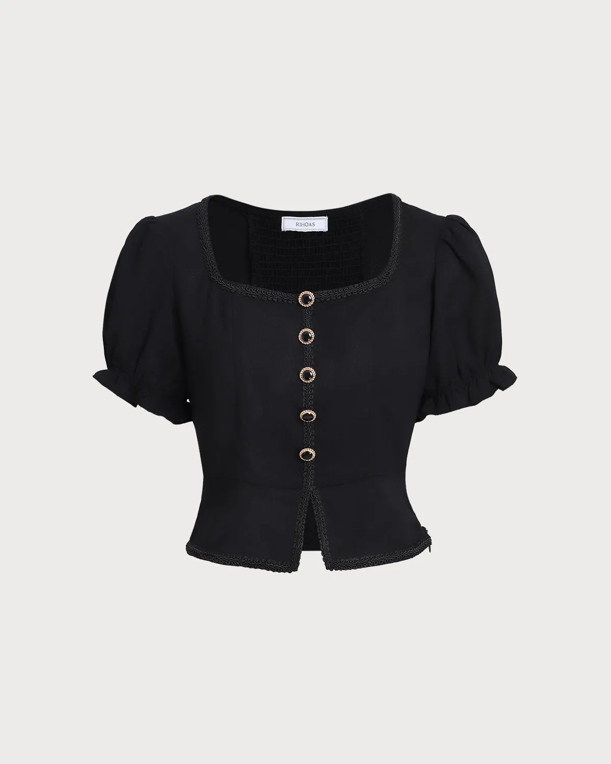 Black Square Neck Shirred Button Blouse sold by rihoas