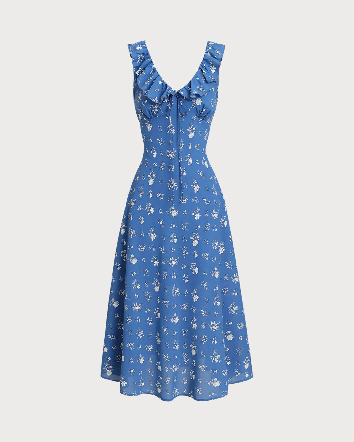 Blue Floral Ruffle Sleeveless Midi Dress sold by rihoas