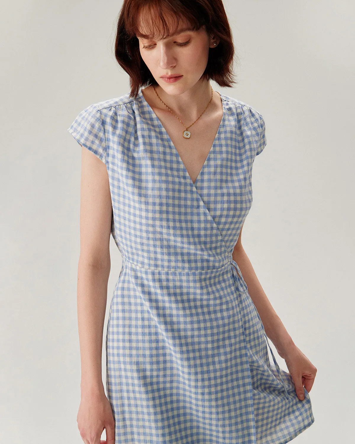 Blue Plaid Cap Sleeve Wrap Mini Dress sold by rihoas product image thumbnail 2