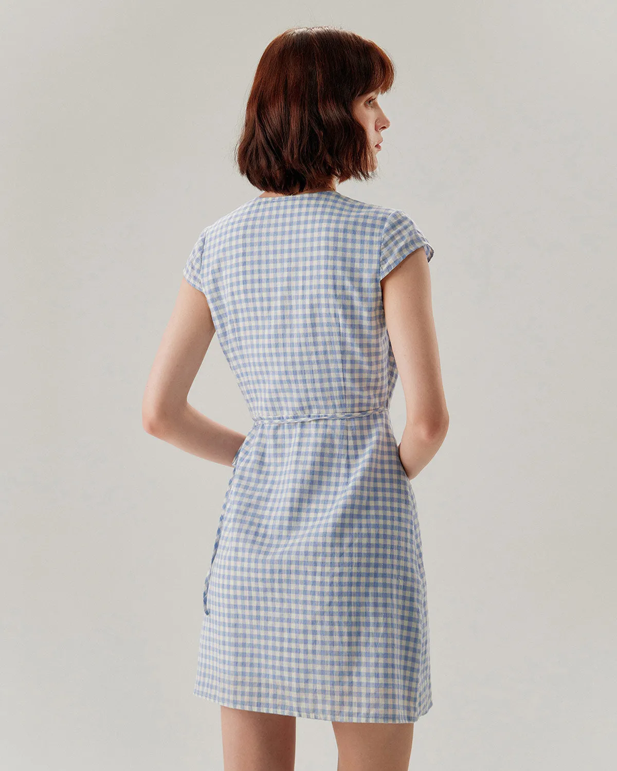 Blue Plaid Cap Sleeve Wrap Mini Dress sold by rihoas product image thumbnail 5