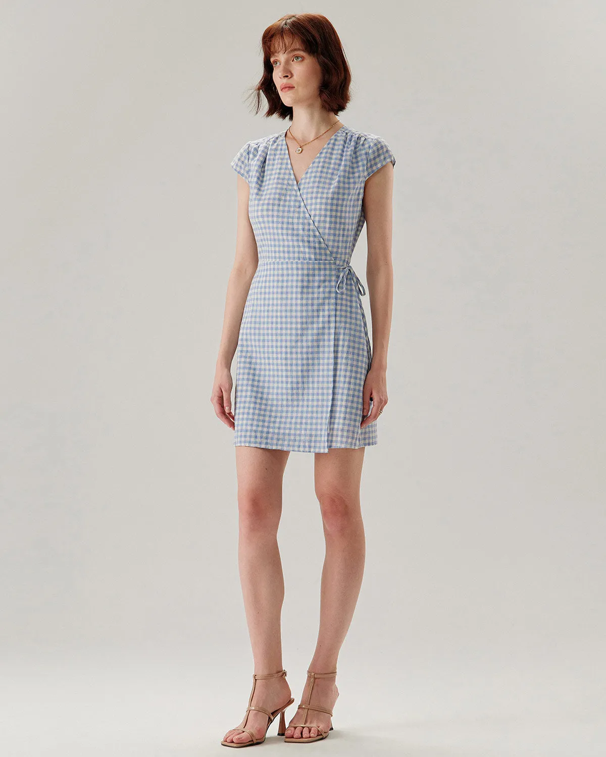 Blue Plaid Cap Sleeve Wrap Mini Dress sold by rihoas product image thumbnail 4