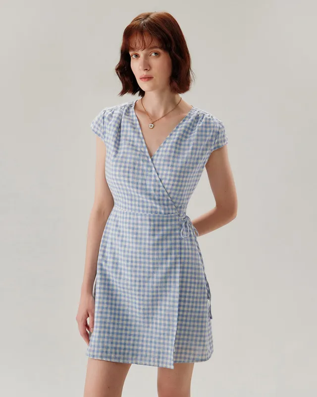 Blue Plaid Cap Sleeve Wrap Mini Dress sold by rihoas