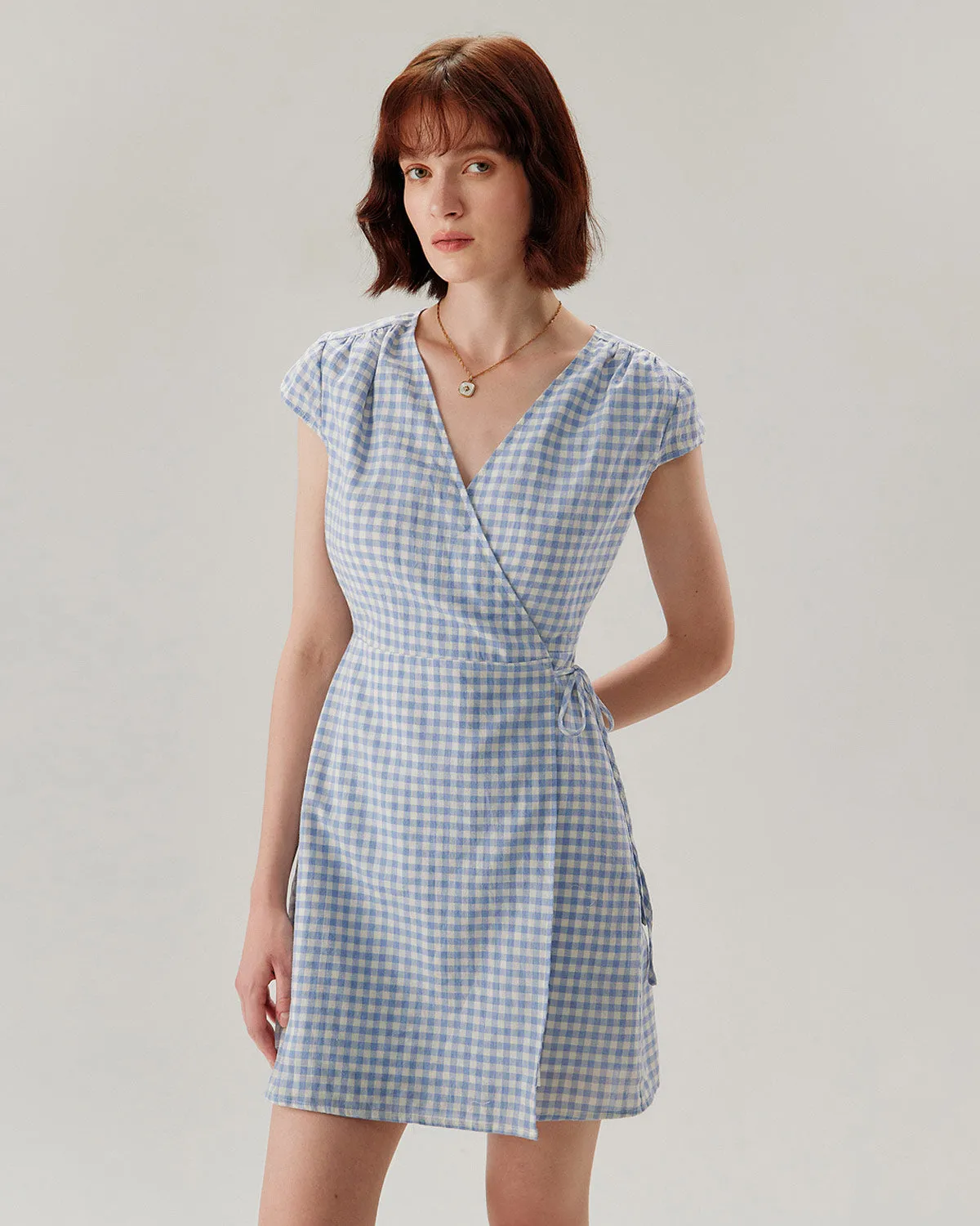 Blue Plaid Cap Sleeve Wrap Mini Dress sold by rihoas