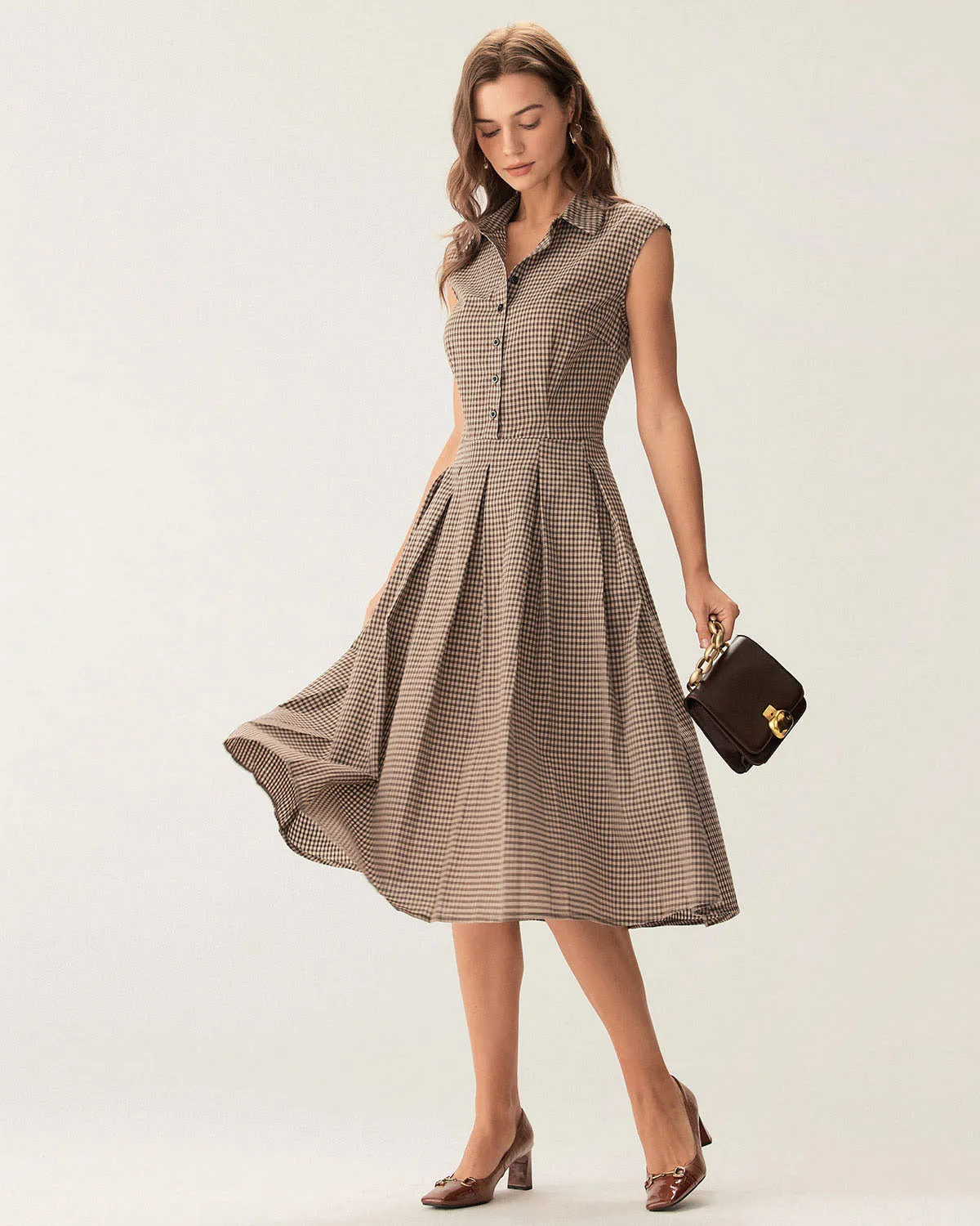 Brown Plaid Button Pleated Midi Dress sold by rihoas product image thumbnail 4