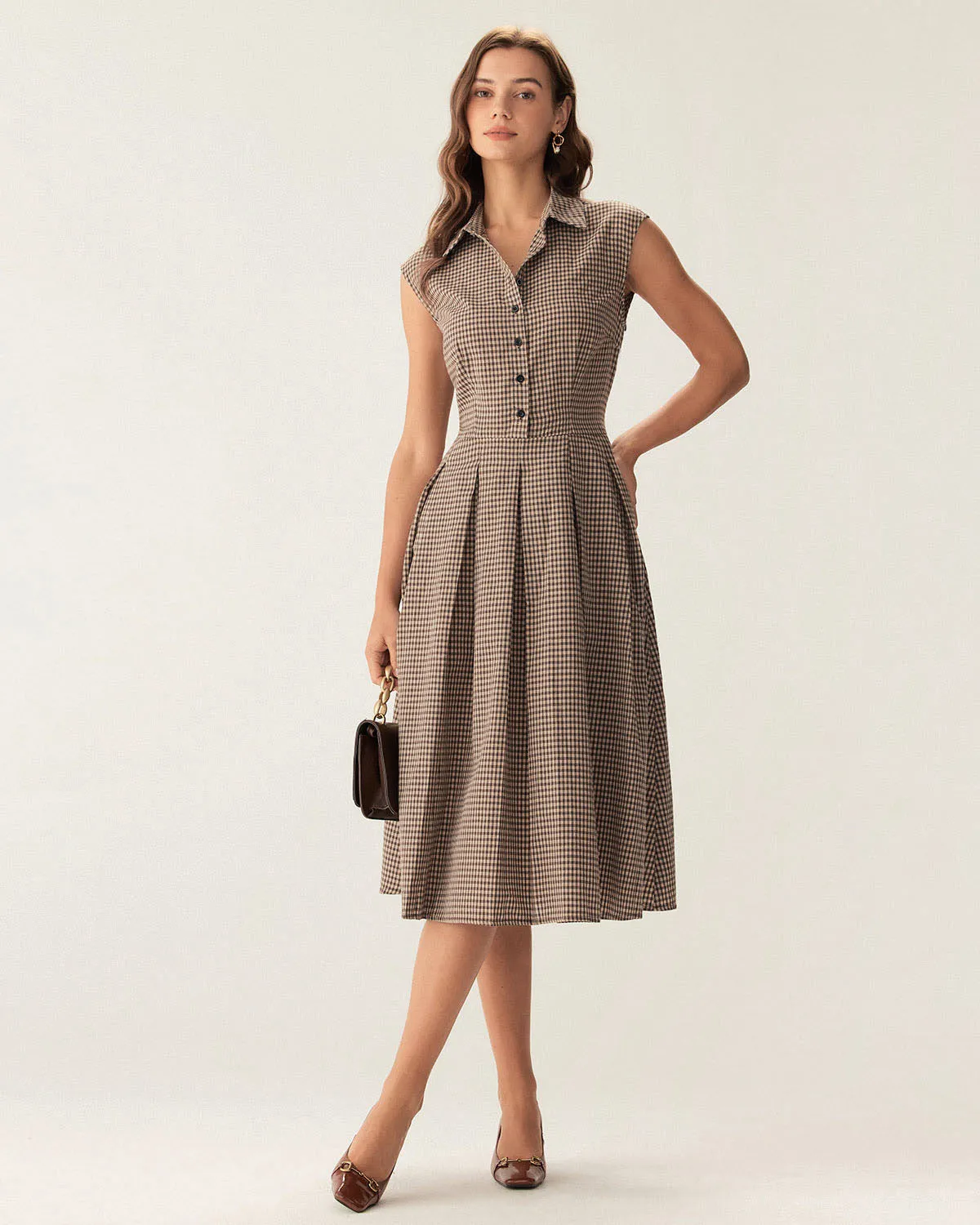 Brown Plaid Button Pleated Midi Dress sold by rihoas product image thumbnail 3