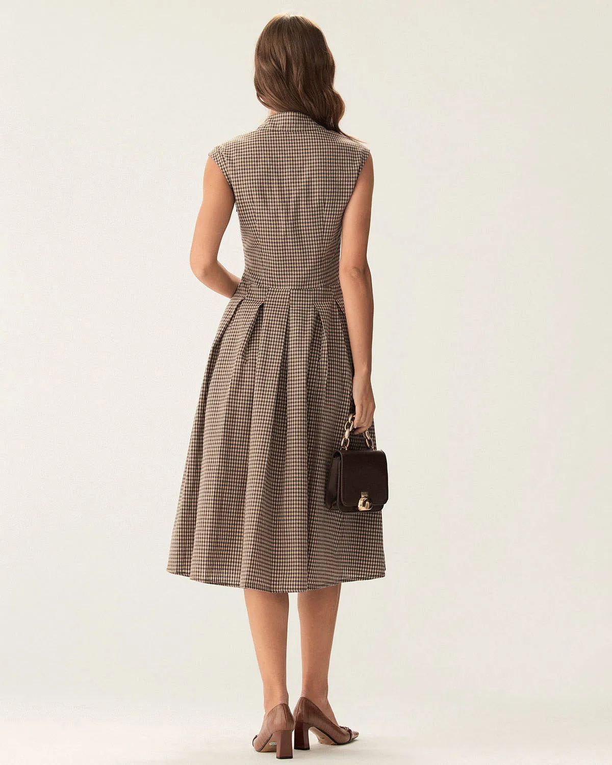 Brown Plaid Button Pleated Midi Dress sold by rihoas product image thumbnail 5
