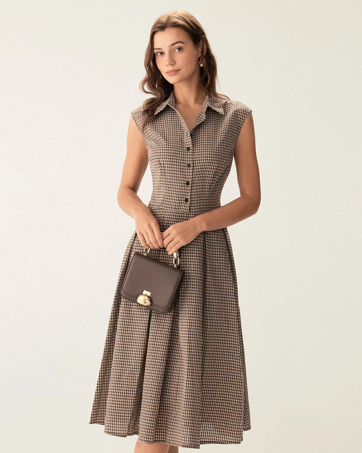 Brown Plaid Button Pleated Midi Dress sold by rihoas
