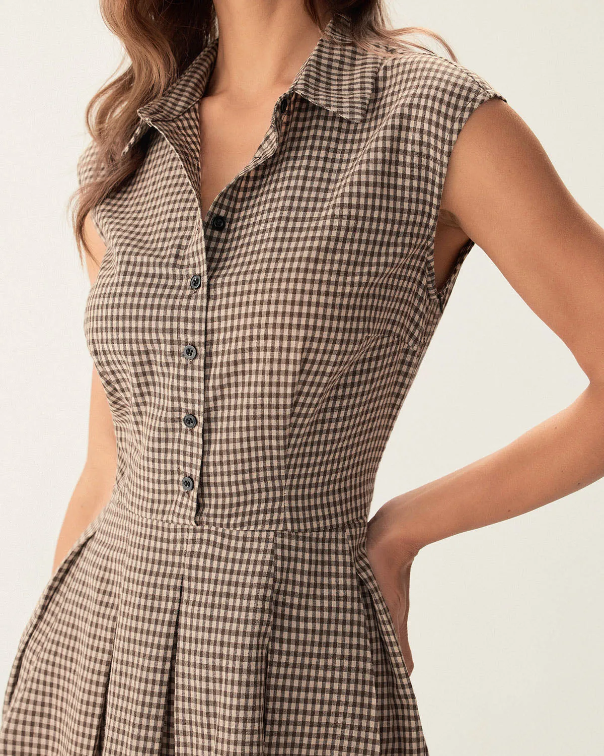 Brown Plaid Button Pleated Midi Dress sold by rihoas product image thumbnail 2