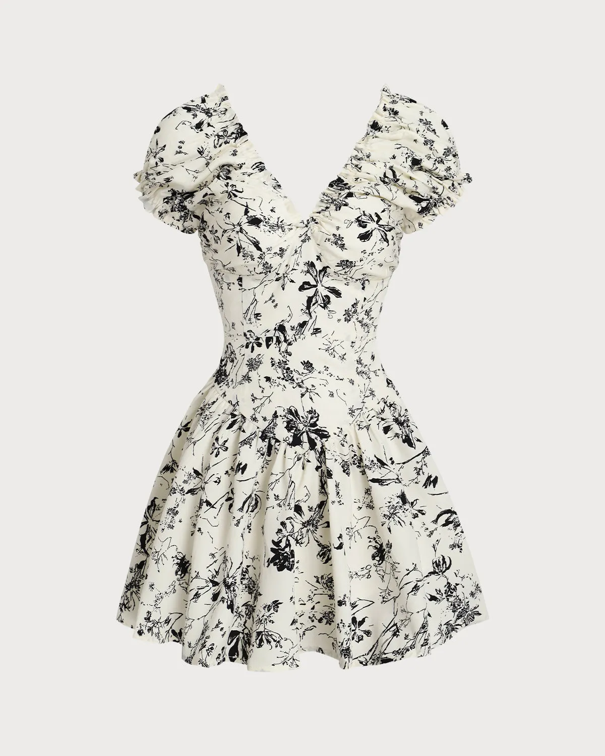 White Floral Ruched V Neck Mini Dress sold by rihoas
