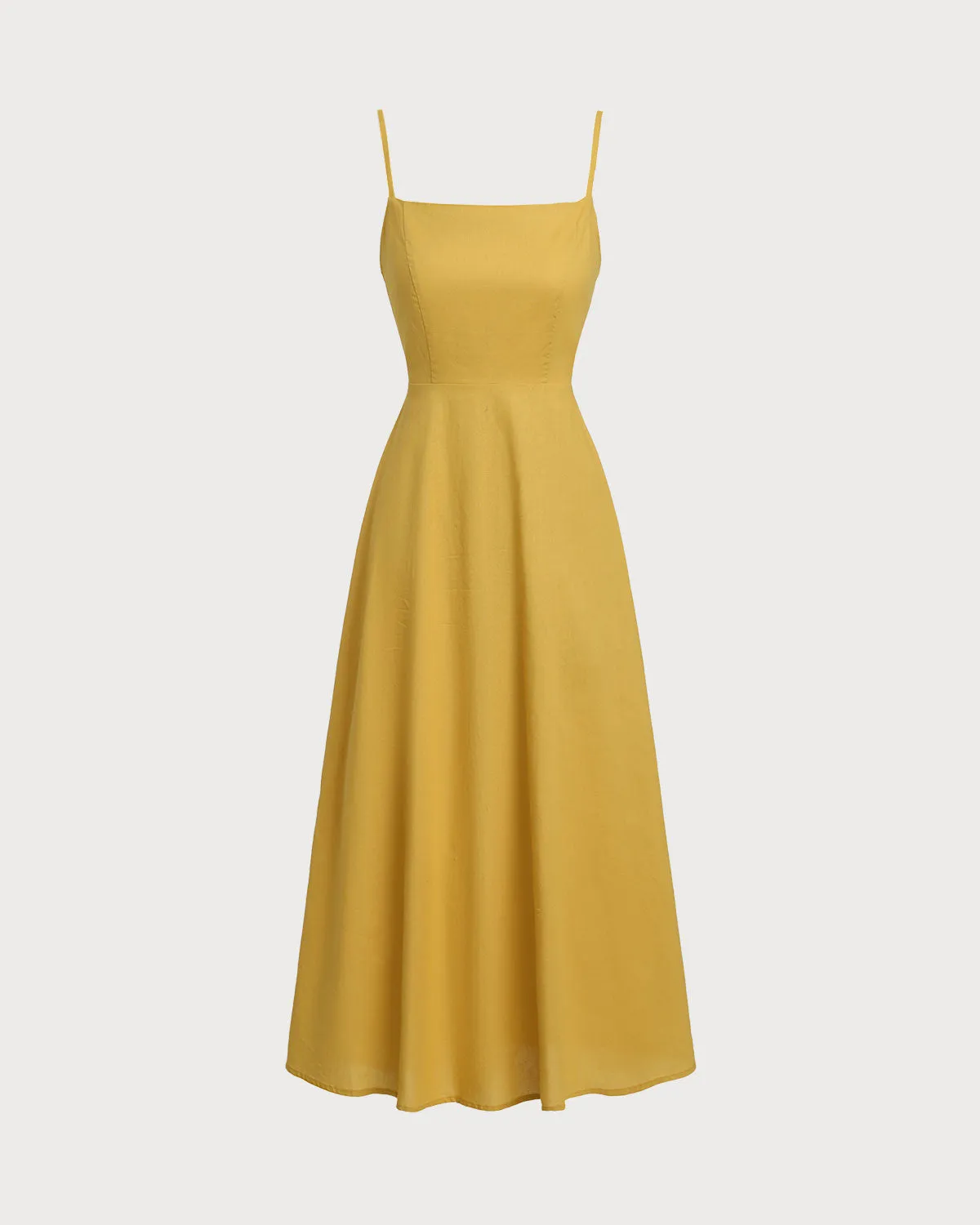 Yellow Square Neck Shirred Slip Midi Dress sold by rihoas