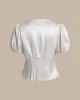 White Satin V Neck Ruched Tee sold by rihoas