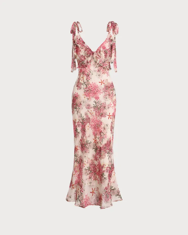 Pink Floral Ruffle Tie Strap Midi Dress sold by rihoas