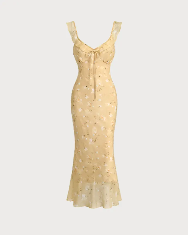 Yellow Floral Ruched Ruffle Midi Dress sold by rihoas