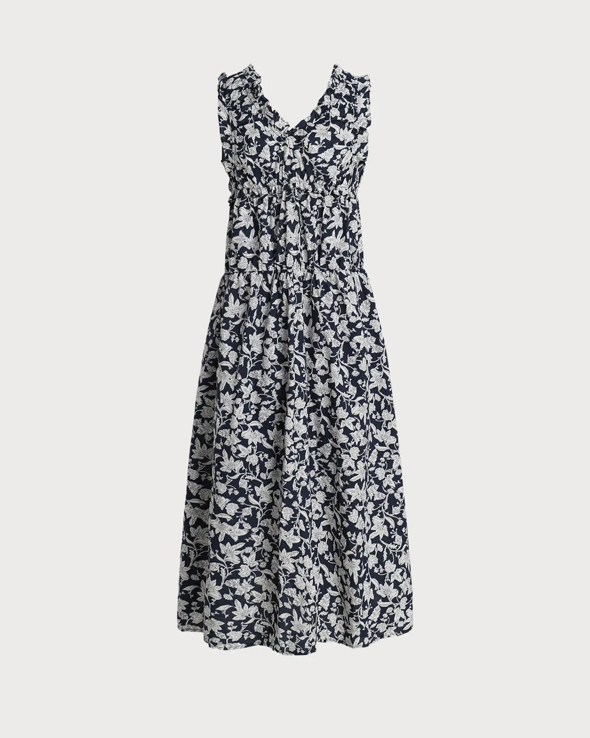 Blue Floral V Neck Ruched Midi Dress sold by rihoas product image thumbnail 2