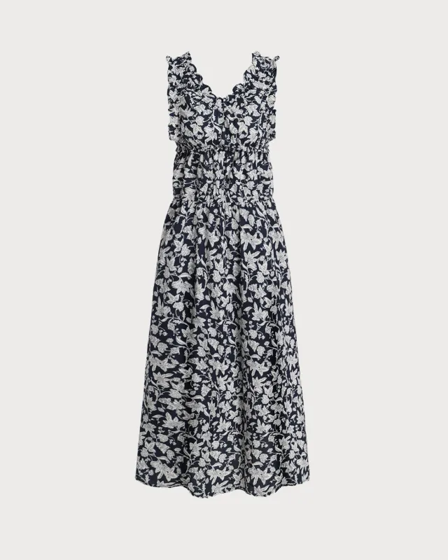 Blue Floral V Neck Ruched Midi Dress sold by rihoas
