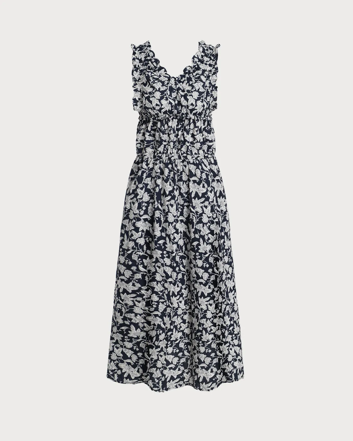 Blue Floral V Neck Ruched Midi Dress sold by rihoas