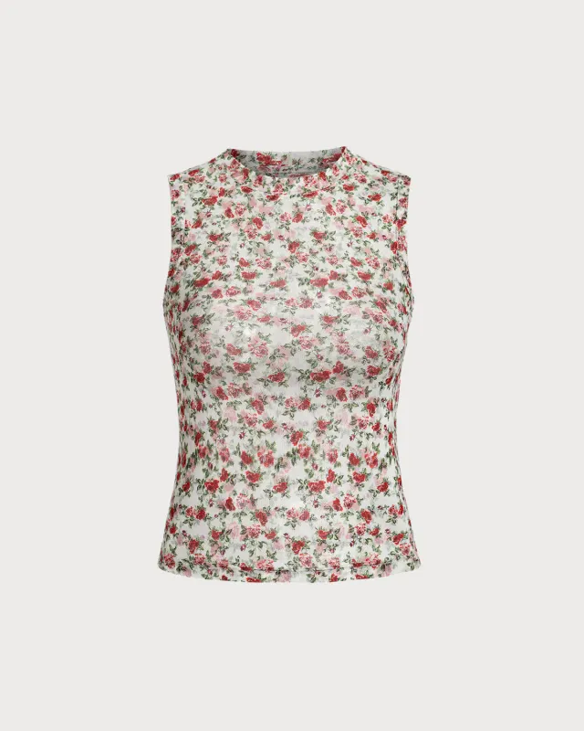 Red Floral Round Neck Tank Top sold by rihoas