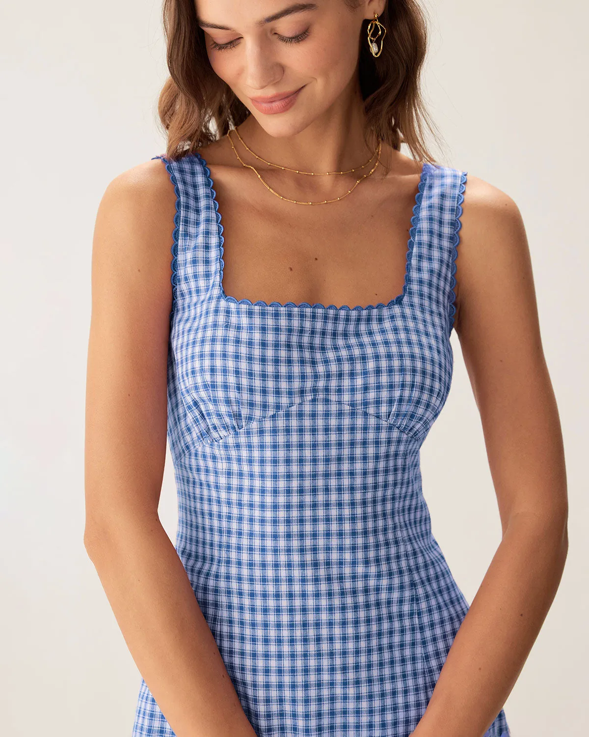 Blue Plaid Square Neck Slip Mini Dress sold by rihoas product image thumbnail 2