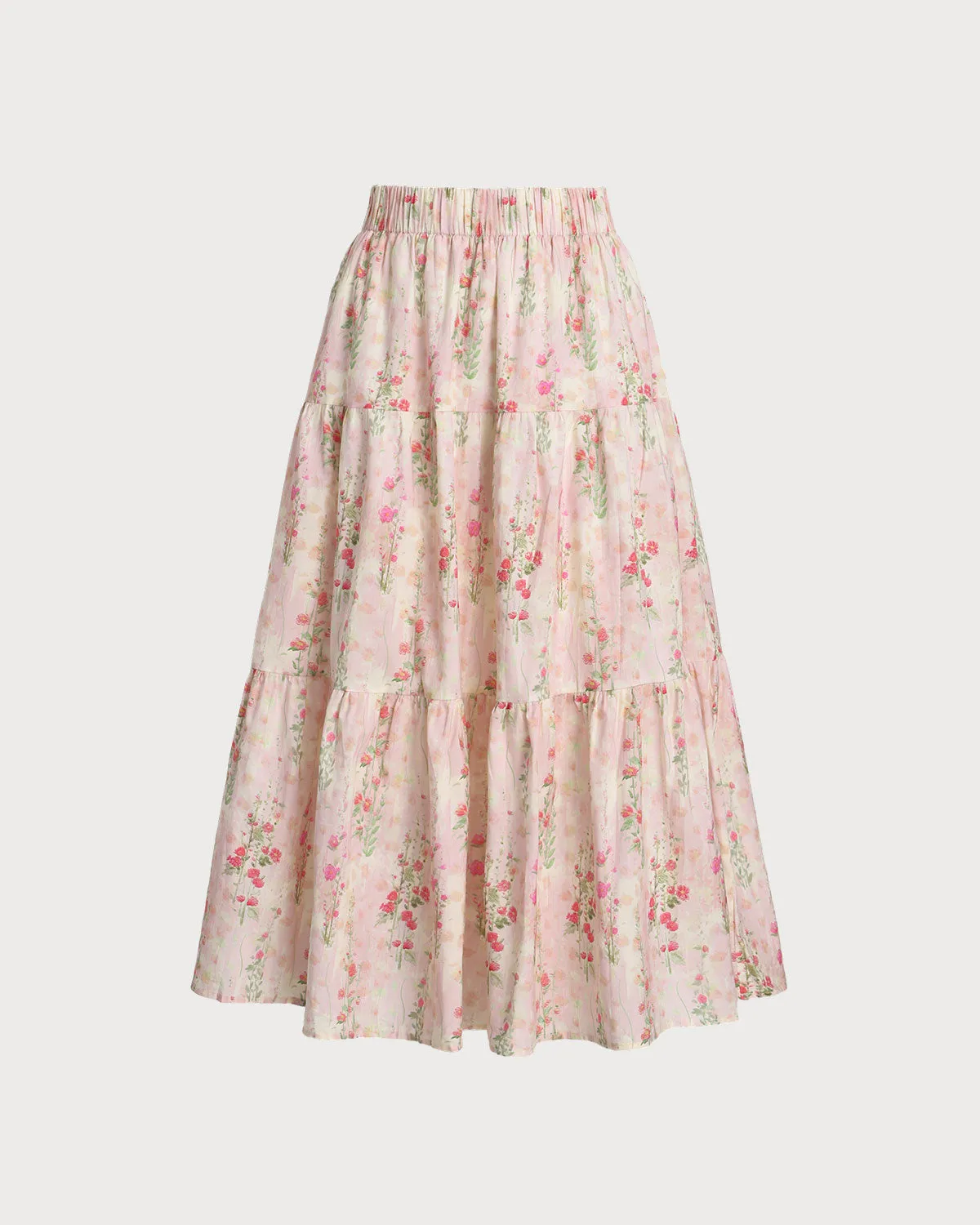 Pink Floral Elastic Waist A-Line Midi Skirt sold by rihoas