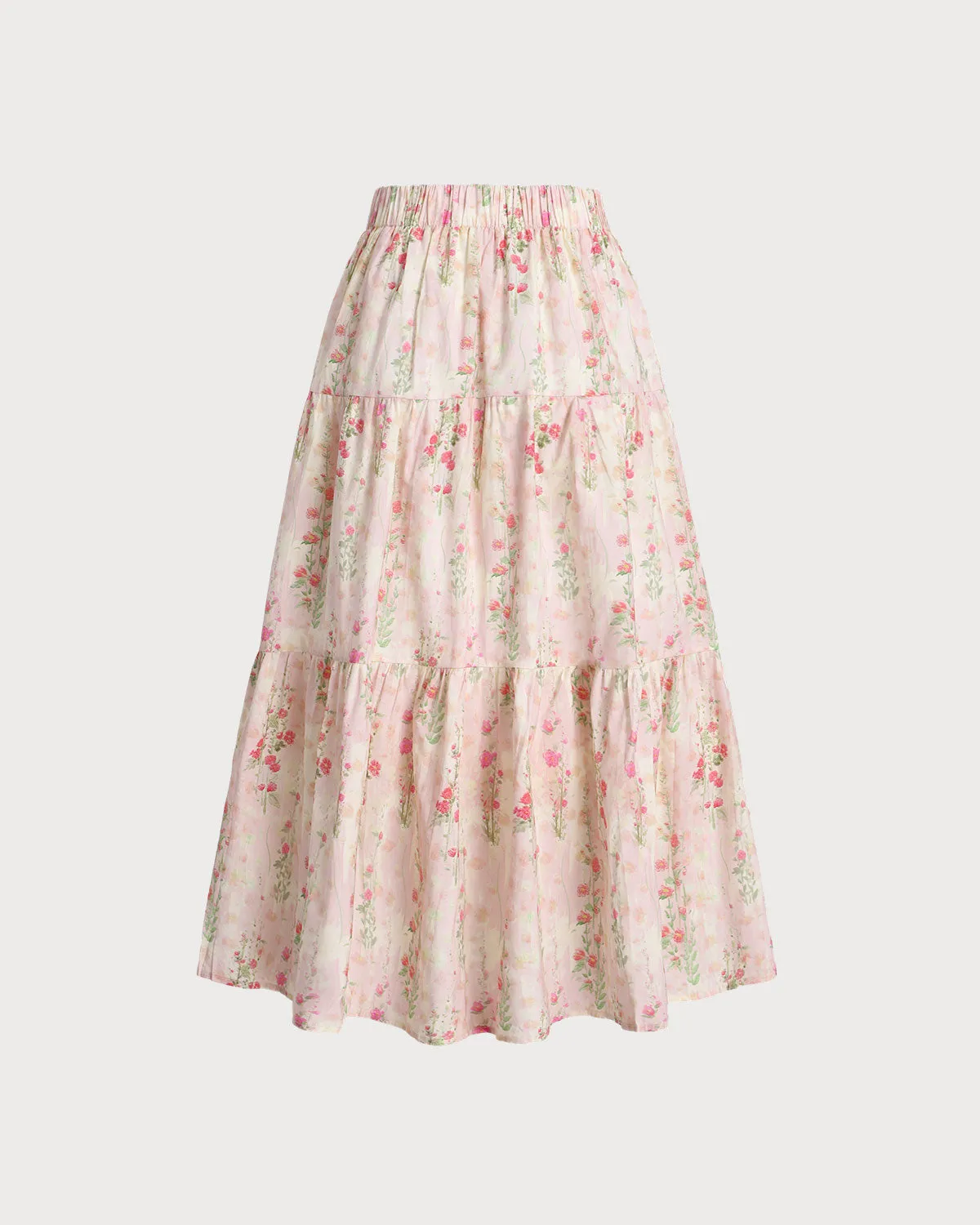 Pink Floral Elastic Waist A-Line Midi Skirt sold by rihoas product image thumbnail 2