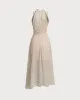 Beige Striped Cowl Neck Sleeveless Midi Dress sold by rihoas