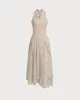 Beige Striped Cowl Neck Sleeveless Midi Dress sold by rihoas