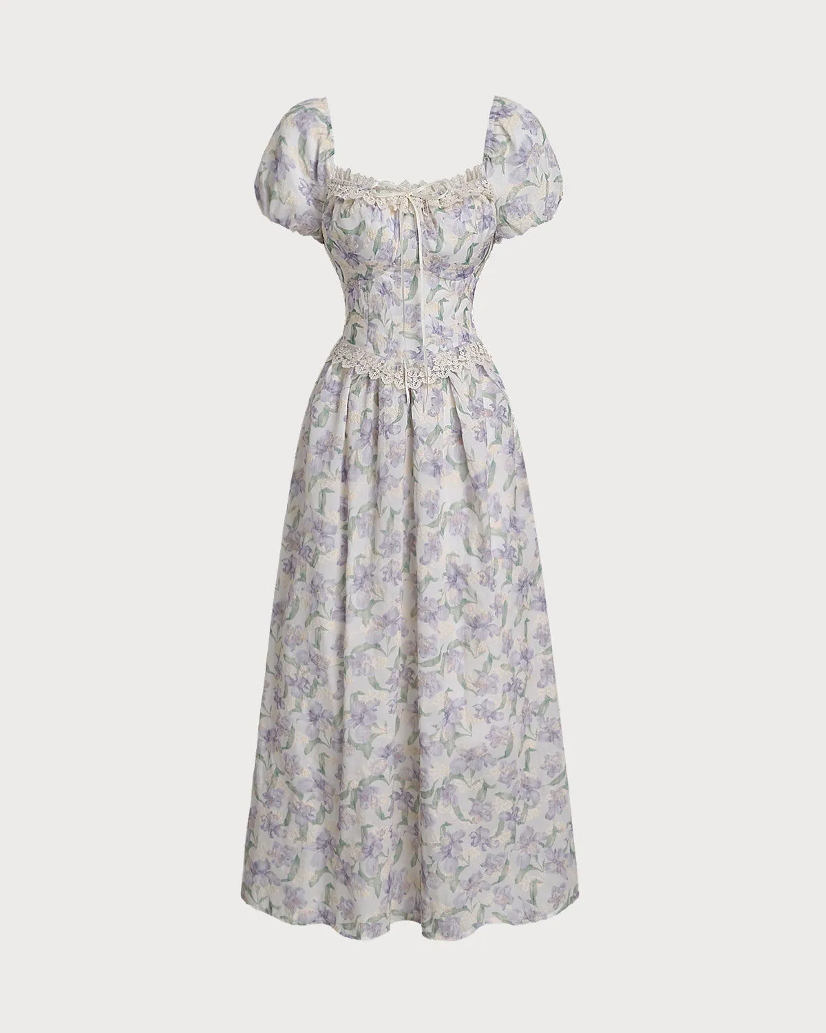 Purple Floral Square Neck Puffed Sleeve Midi Dress sold by rihoas