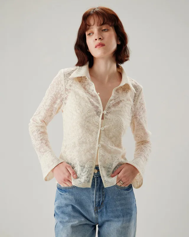 White Jacquard Bell Sleeve Button Blouse sold by rihoas