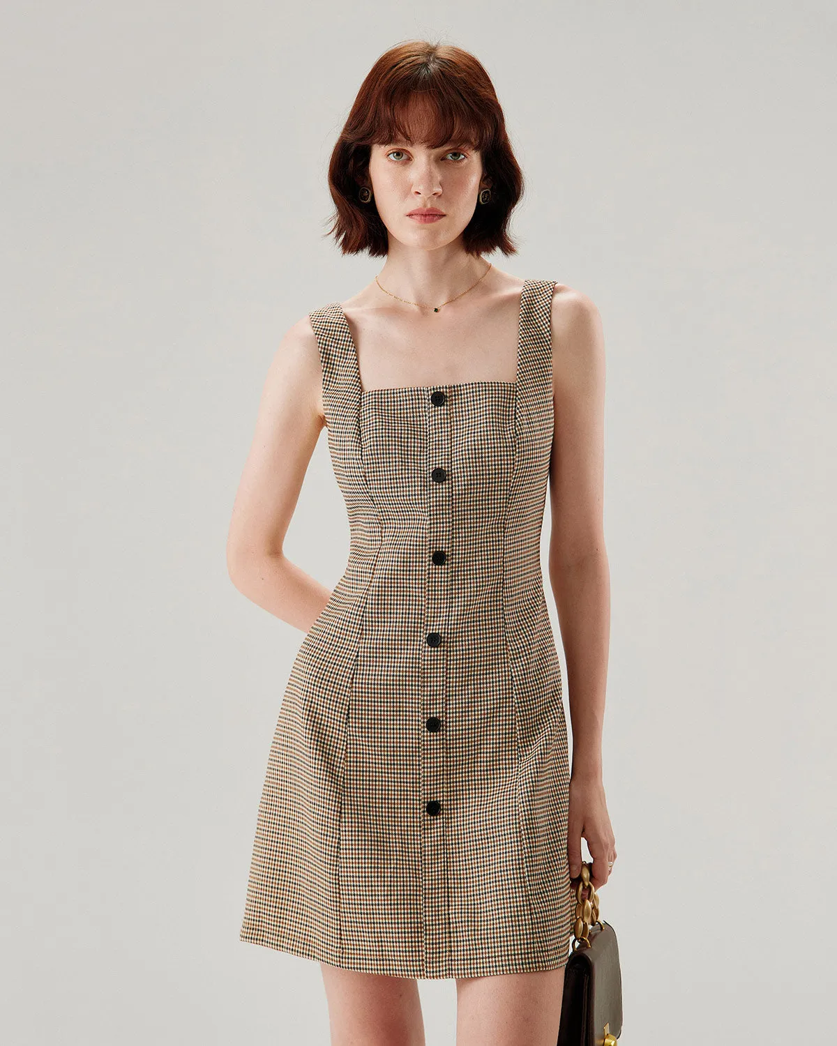 Brown Plaid Button Slip Mini Dress sold by rihoas