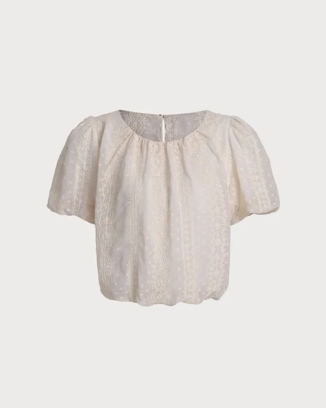 Beige Round Neck Puffed Sleeve Tee sold by rihoas