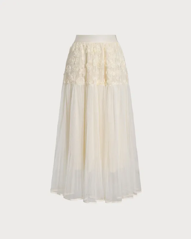 Apricot Elastic Waist Pleated Midi Skirt sold by rihoas