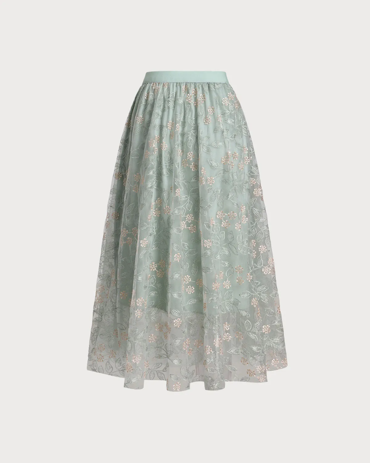 Green Embroidery Elastic Waist Midi Skirt sold by rihoas product image thumbnail 2