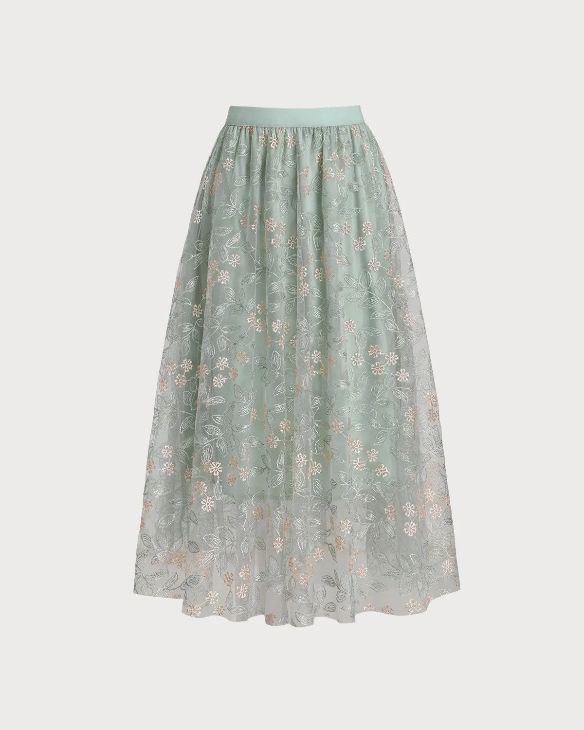 Green Embroidery Elastic Waist Midi Skirt sold by rihoas