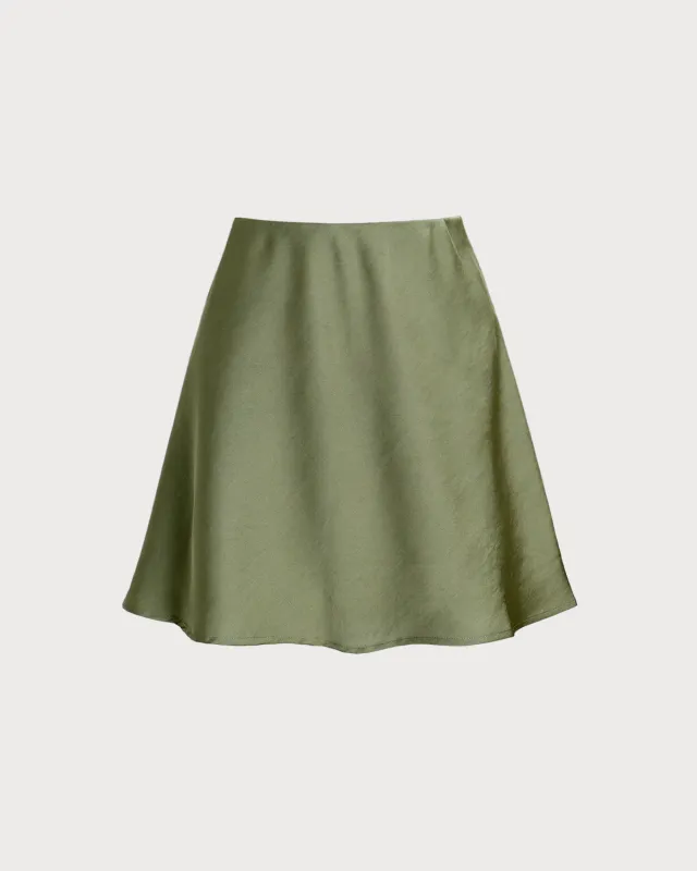 Green Satin Elastic Waist A-Line Mini Skirt sold by rihoas