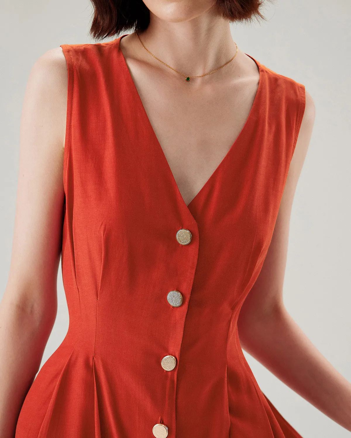 Red V-neck Button Sleeveless Midi Dress sold by rihoas product image thumbnail 2