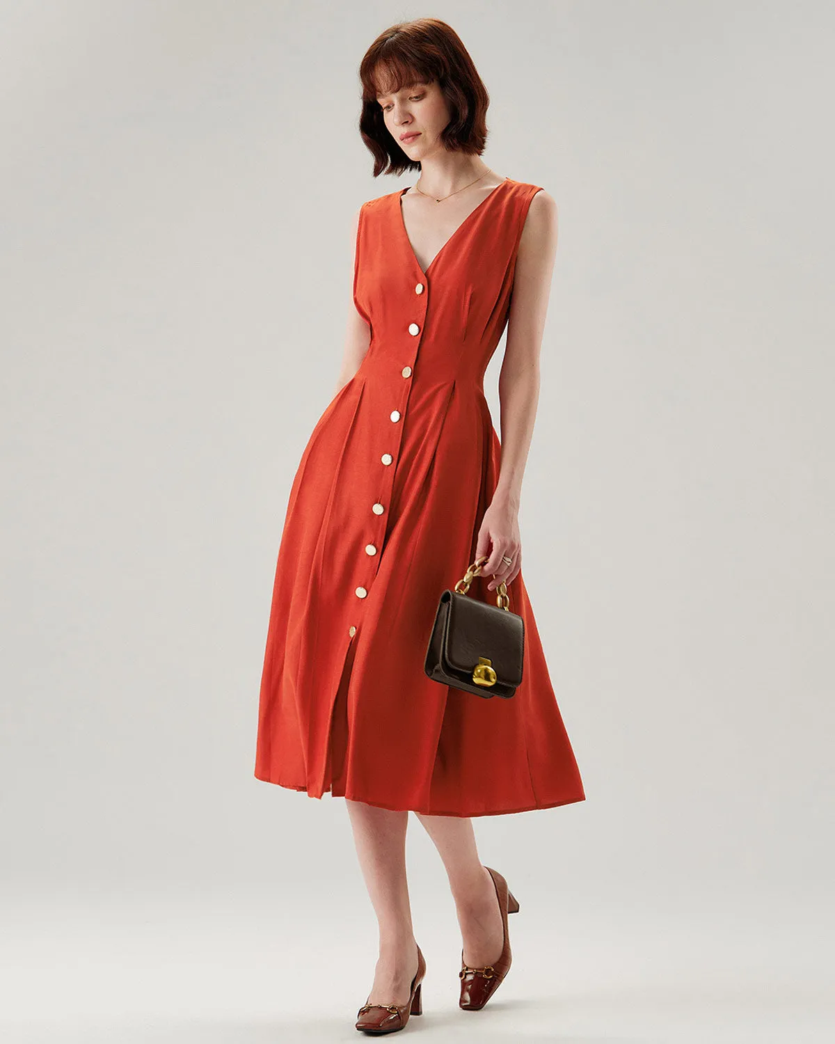 Red V-neck Button Sleeveless Midi Dress sold by rihoas product image thumbnail 4