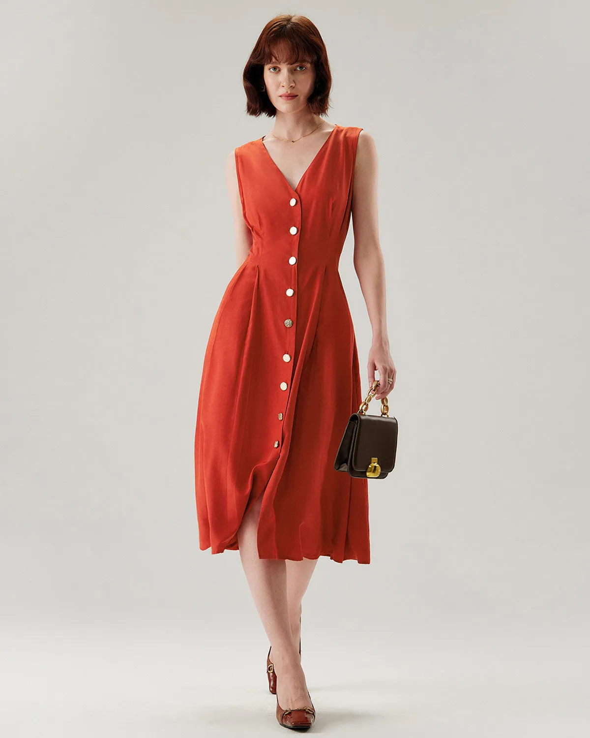 Red V-neck Button Sleeveless Midi Dress sold by rihoas product image thumbnail 3