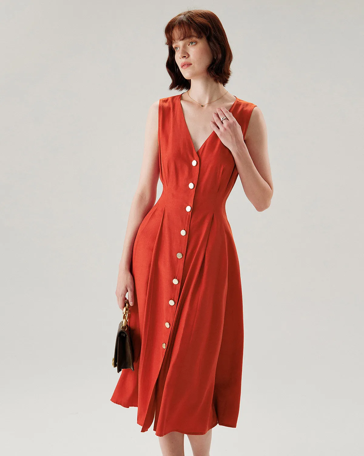 Red V-neck Button Sleeveless Midi Dress sold by rihoas