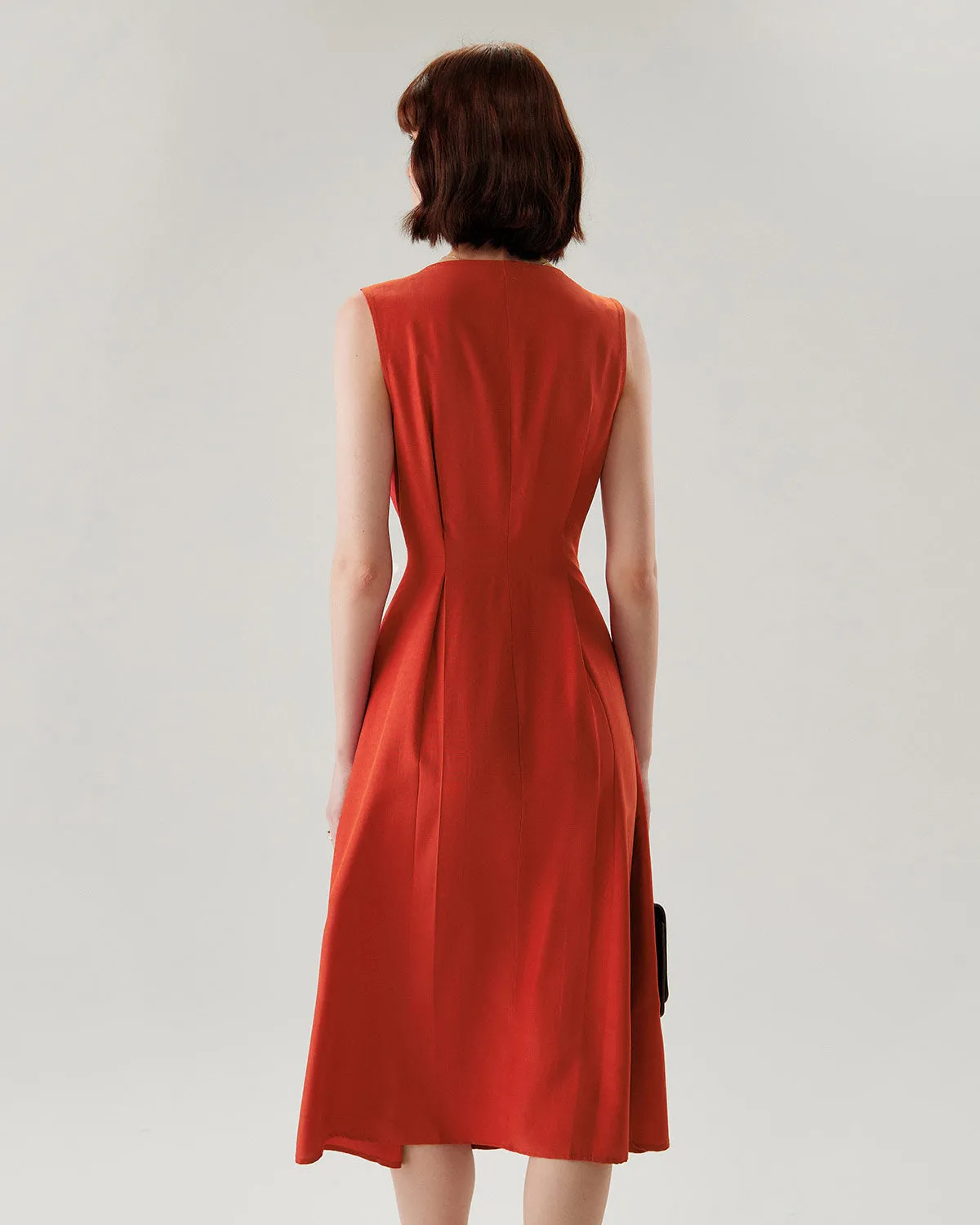 Red V-neck Button Sleeveless Midi Dress sold by rihoas product image thumbnail 5