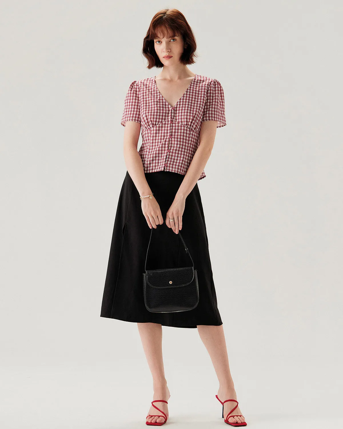 Red Plaid Puffed Sleeve V Neck Blouse sold by rihoas product image thumbnail 3