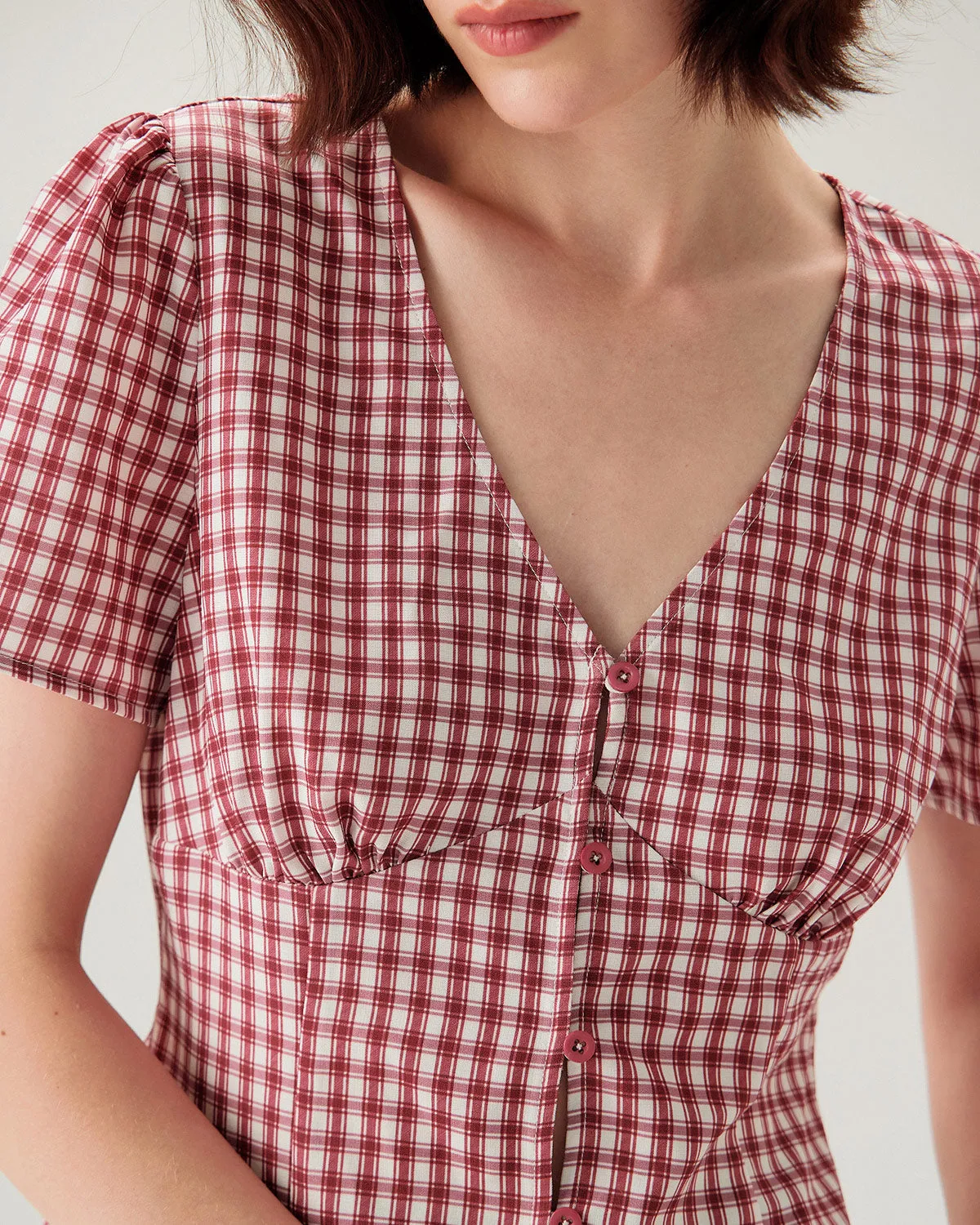 Red Plaid Puffed Sleeve V Neck Blouse sold by rihoas product image thumbnail 2