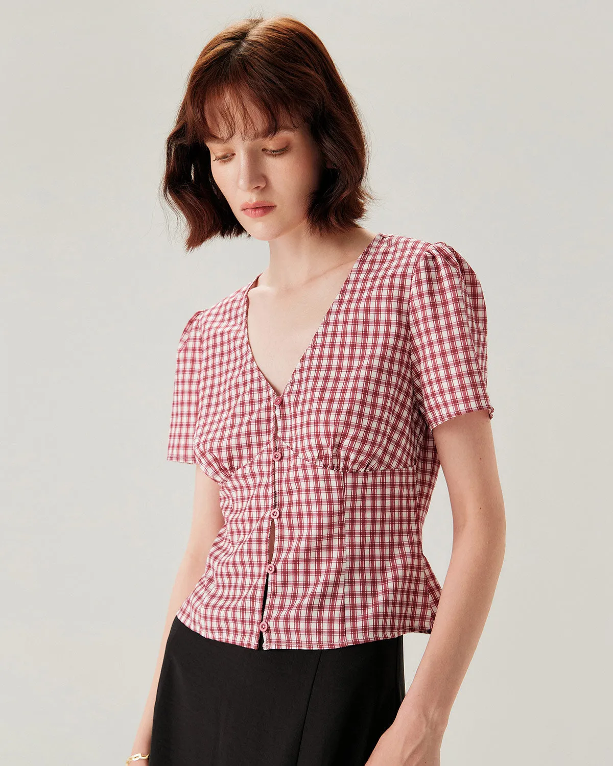 Red Plaid Puffed Sleeve V Neck Blouse sold by rihoas