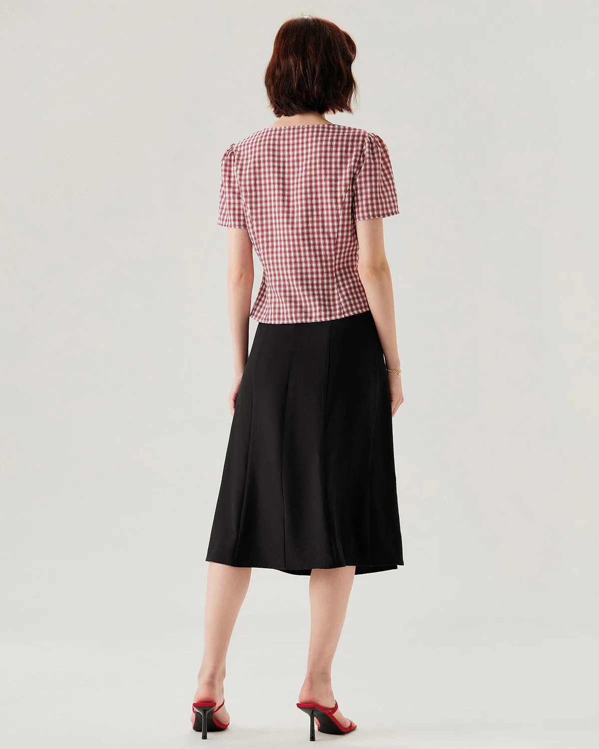 Red Plaid Puffed Sleeve V Neck Blouse sold by rihoas product image thumbnail 4