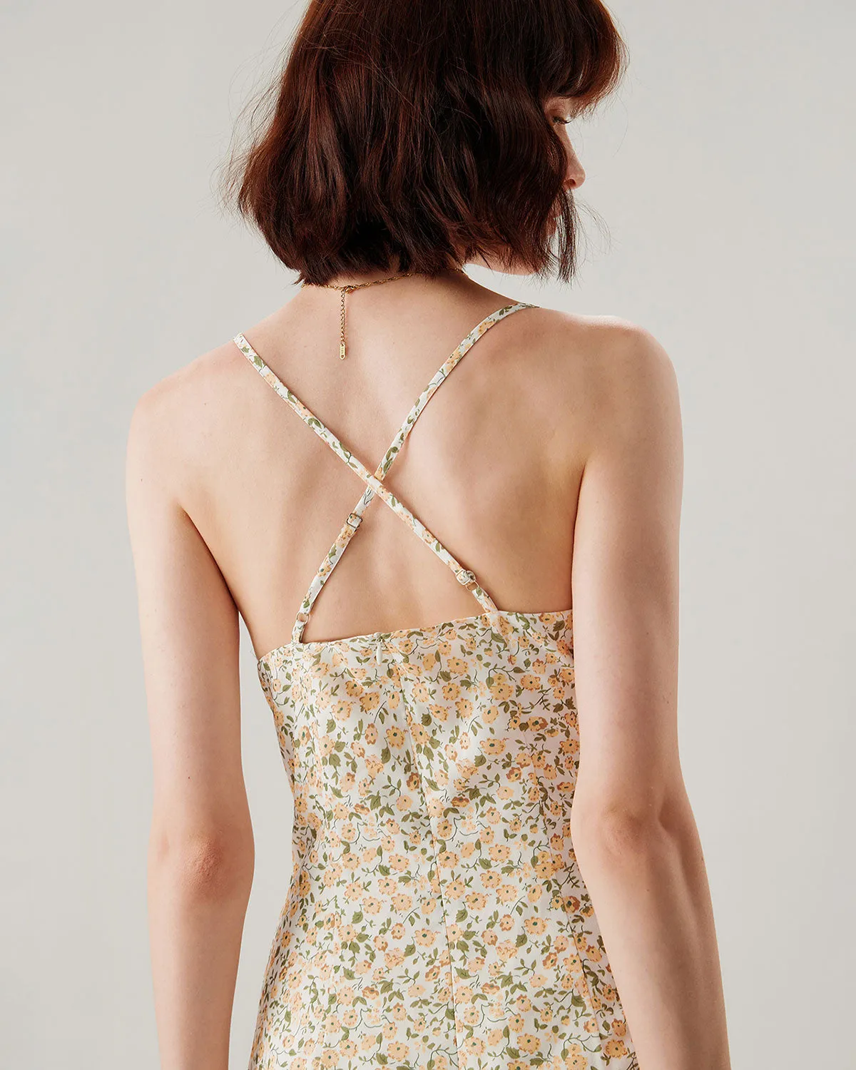 Yellow Floral Ruched Slip Midi Dress sold by rihoas product image thumbnail 3