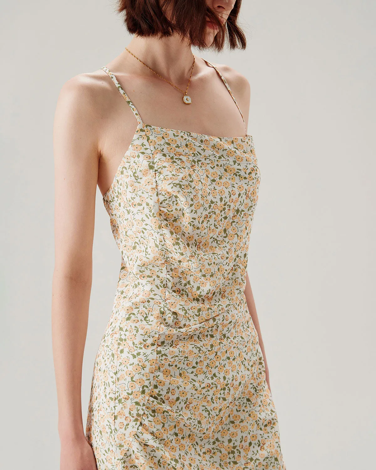 Yellow Floral Ruched Slip Midi Dress sold by rihoas product image thumbnail 2