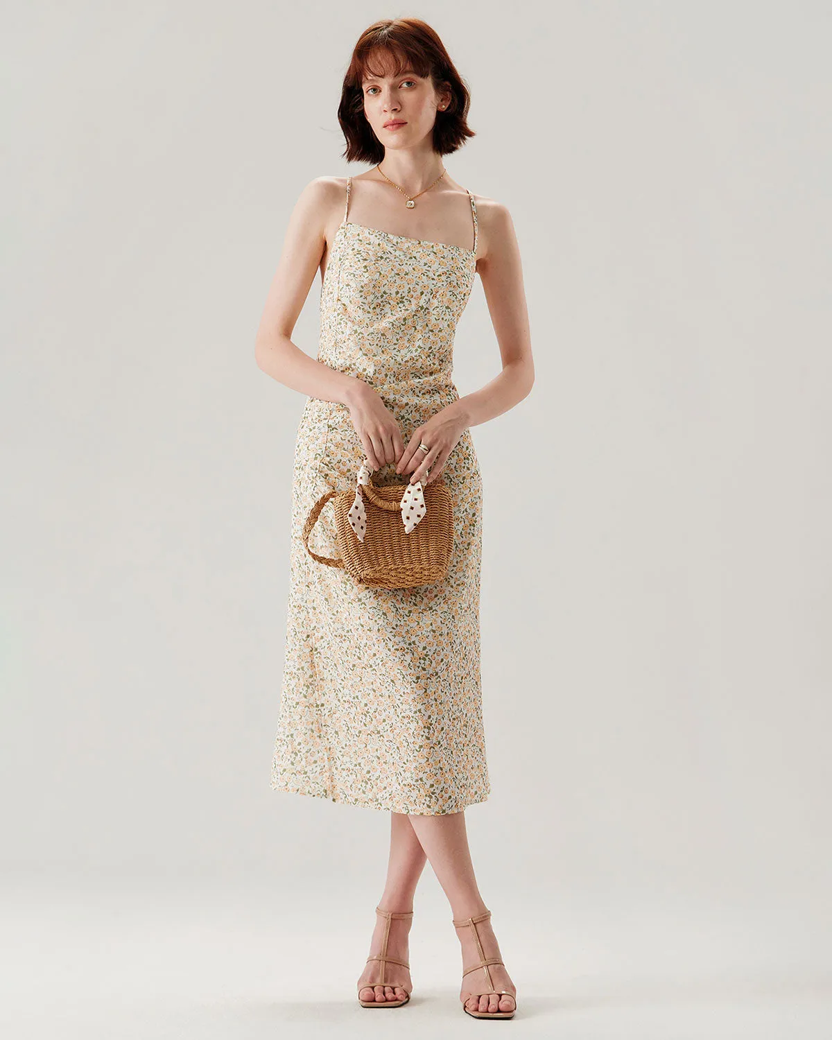 Yellow Floral Ruched Slip Midi Dress sold by rihoas product image thumbnail 4